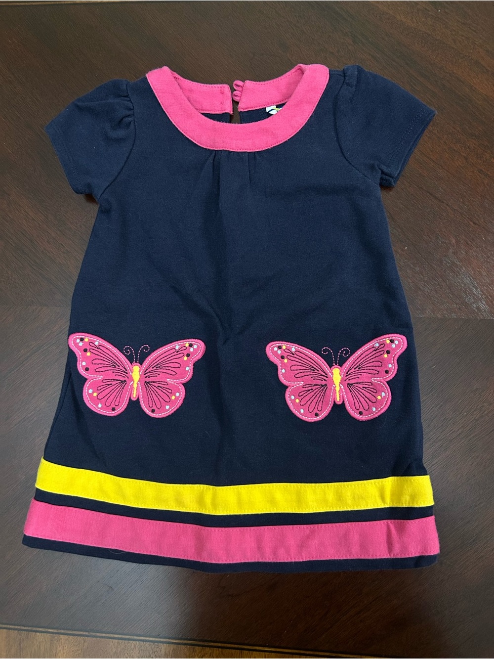 Hartstrings Girls 18M Navy Blue Butterfly Applique Dress Pink Yellow Cotton